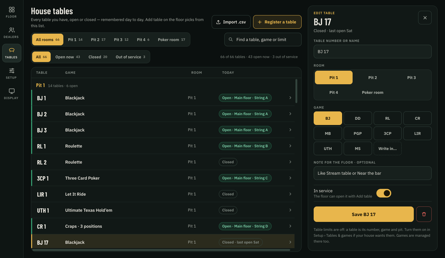 The house tables screen: every table by pit and the poker room with its game and whether it's open, closed or out of service today, an Import .csv button, and a table being edited.