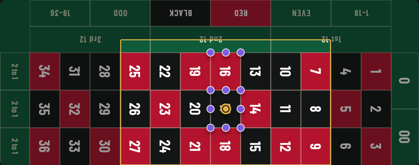 The Roulette Payout Trainer's full layout from the dealer's side, zeros on the right: chips on the bets around 17, a gold frame around the picture and the dolly on 17.
